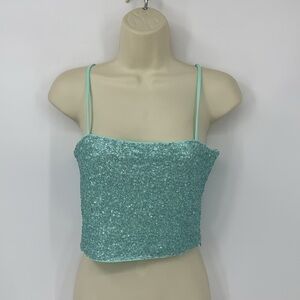 Susana Monaco sequin cropped tank top shirt mint green spaghetti strap new M